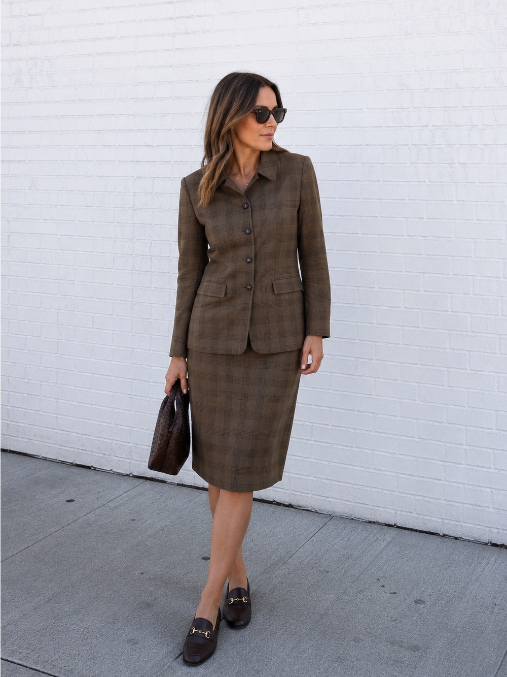 Larry Levine Brown Plaid Suit Pencil Skirt and Jacket
